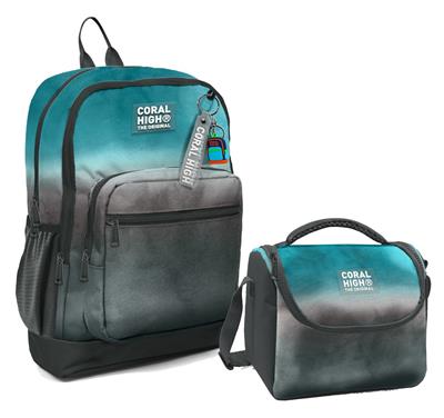 Coral High Dört Bölmeli Erkek Çocuk Okul Sırt Çantası ve Beslenme Seti - Turkuaz Gri Batik