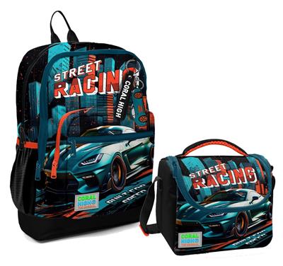 Coral High Dört Bölmeli Erkek Çocuk Okul Sırt Çantası ve Beslenme Seti - Siyah Nefti Yarış Arabası