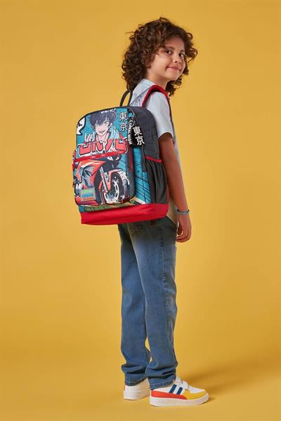 Coral High Dört Bölmeli Gri Nefti Anime Motorsiklet Desenli İlkokul Sırt Çantası - Erkek Çocuk