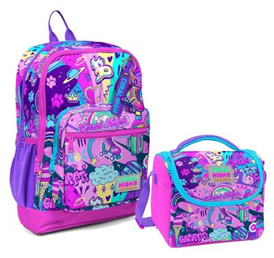 Coral High Dört Bölmeli Kız Çocuk Okul Sırt Çantası ve Beslenme Seti - Grafiti
