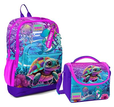 Coral High Dört Bölmeli Kız Çocuk Okul Sırt Çantası ve Beslenme Seti - Pembe Mor Kaplumbağa