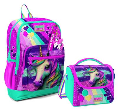 Coral High Dört Bölmeli Kız Çocuk Okul Sırt Çantası ve Beslenme Seti - Pembe Su Yeşili Unicorn