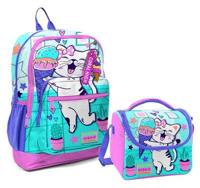 Coral High Dört Bölmeli Kız Çocuk Okul Sırt Çantası ve Beslenme Seti - Turkuaz Pembe Dondurmalı Kedi