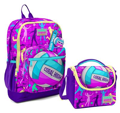 Coral High Dört Bölmeli Kız Çocuk Okul Sırt Çantası ve Beslenme Seti - Pembe Mor Voleybol