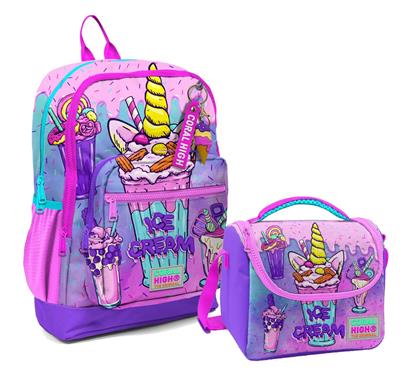 Coral High Dört Bölmeli Kız Çocuk Okul Sırt Çantası ve Beslenme Seti - Pembe Mor Dondurma