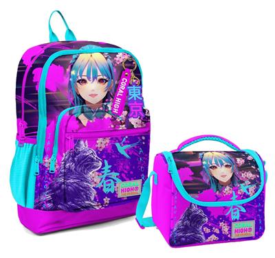 Coral High Dört Bölmeli Kız Çocuk Okul Sırt Çantası ve Beslenme Seti - Mor Pembe Anime Kedi