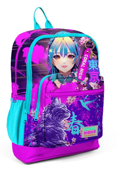 Coral High Dört Bölmeli Mor Pembe Anime Kedi Desenli İlkokul Sırt Çantası - Kız Çocuk