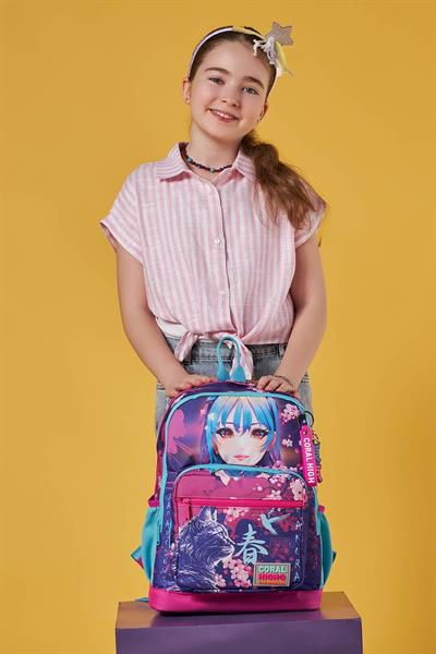 Coral High Dört Bölmeli Mor Pembe Anime Kedi Desenli İlkokul Sırt Çantası - Kız Çocuk