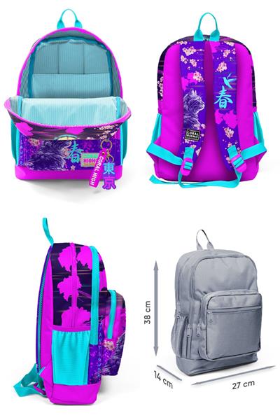 Coral High Dört Bölmeli Mor Pembe Anime Kedi Desenli İlkokul Sırt Çantası - Kız Çocuk