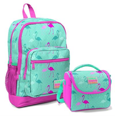 Coral High Dört Bölmeli Okul Sırt Çantası & Beslenme Çantası - Pembe Yeşil Flamingo - Kız Çocuk