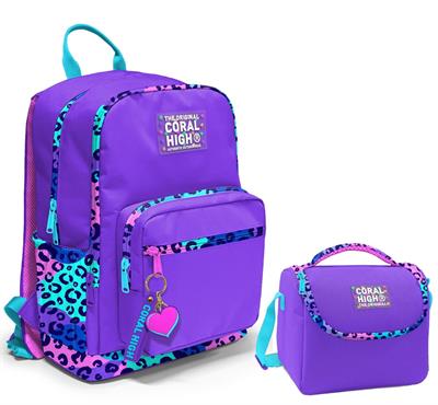 Coral High Dört Bölmeli Ortaokul Çantası ve Beslenme Çantası Seti - Mor Leopar - Kız Çocuk