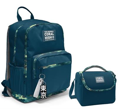Coral High Dört Bölmeli Ortaokul Çantası ve Beslenme Çantası Seti - Nefti Kamuflaj - Erkek Çocuk