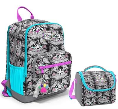 Coral High Dört Bölmeli Ortaokul Çantası ve Beslenme Çantası Seti - Gri Kedi - Kız Çocuk