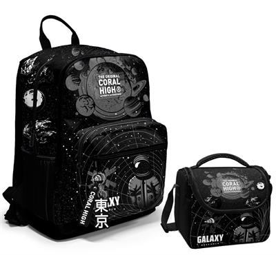 Coral High Dört Bölmeli Ortaokul Çantası ve Beslenme Çantası Seti - Siyah Galaxy - Erkek Çocuk