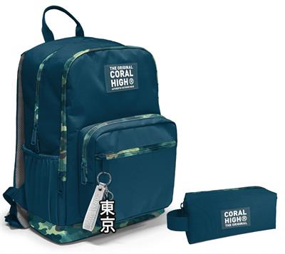 Coral High Dört Bölmeli Ortaokul Sırt Çantası ve Kalemlik Seti - Nefti Kamuflaj - Erkek Çocuk