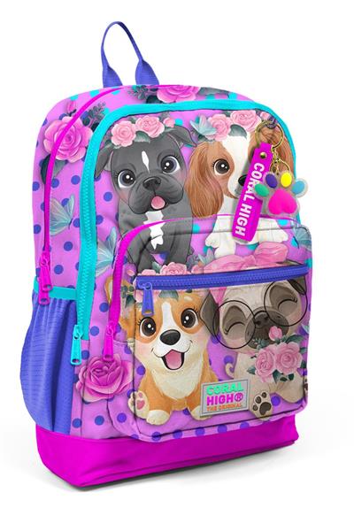 Coral High Dört Bölmeli Pembe Köpek Desenli İlkokul Sırt Çantası - Kız Çocuk