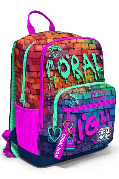 Coral High Dört Bölmeli Pembe Lacivert Grafiti Ortaokul Çantası - Kız Çocuk