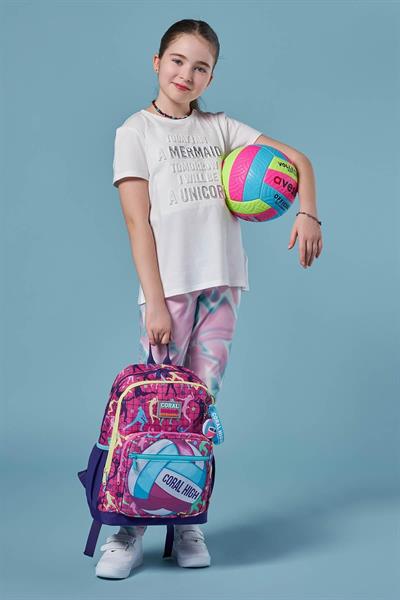 Coral High Dört Bölmeli Pembe Mor Voleybol Desenli İlkokul Sırt Çantası - Kız Çocuk
