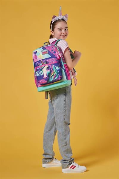 Coral High Dört Bölmeli Pembe Su Yeşili Unicorn Desenli İlkokul Sırt Çantası - Kız Çocuk