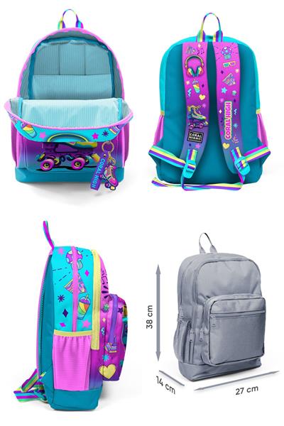 Coral High Dört Bölmeli Pembe Turkuaz Kulaklık Paten Desenli İlkokul - Kız ve Erkek Çocuk