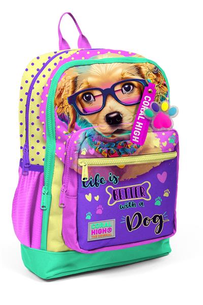 Coral High Dört Bölmeli Sarı Pembe Sevimli Köpek Desenli İlkokul Sırt  - Kız ve Erkek Çocuk