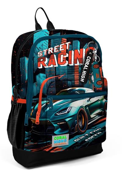 Coral High Dört Bölmeli Siyah Nefti Yarış Arabası Desenli İlkokul Sırt Çantası - Erkek Çocuk