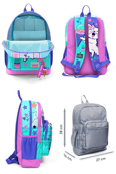 Coral High Dört Bölmeli Turkuaz Pembe Dondurmalı Kedi Desenli İlkokul Sırt Çantası - Kız Çocuk