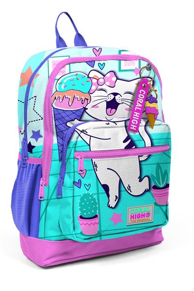 Coral High Dört Bölmeli Turkuaz Pembe Dondurmalı Kedi Desenli İlkokul Sırt Çantası - Kız Çocuk