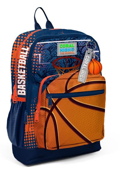 Coral High Dört Bölmeli Turuncu Lacivert Basketbol Desenli İlkokul Sırt Çantası - Erkek Çocuk