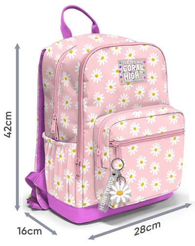 Coral High Dört Gözlü İlk ve Ortaokul Çantası - Kız Çocuk Pembe Beyaz Papatya Desenli 33224