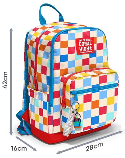 Coral High Dört Gözlü İlk ve Ortaokul Çantası - Kız Çocuk Kırmızı Çok Renkli Dama Desenli 33225
