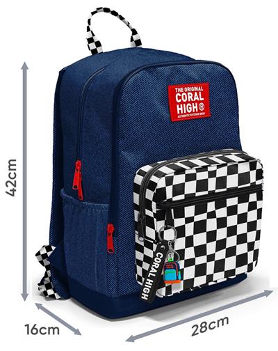 Coral High Dört Gözlü İlk ve Ortaokul Çantası - Erkek Çocuk Lacivert Siyah Beyaz Dama Desenli 33234
