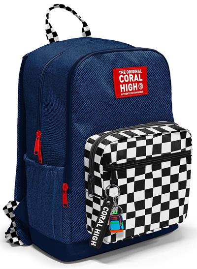 Coral High Dört Gözlü İlk ve Ortaokul Çantası - Erkek Çocuk Lacivert Siyah Beyaz Dama Desenli 33234