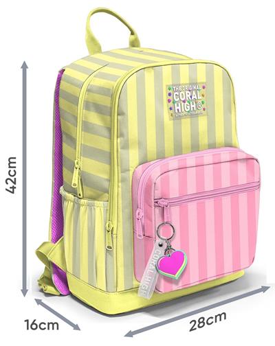 Coral High Dört Gözlü İlk ve Ortaokul Çantası - Kız Çocuk Sarı Pembe Çizgi Desenli 33223