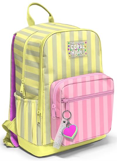 Coral High Dört Gözlü İlk ve Ortaokul Çantası - Kız Çocuk Sarı Pembe Çizgi Desenli 33223