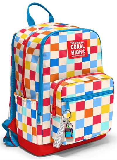 Coral High Dört Gözlü İlk ve Ortaokul Çantası - Kız Çocuk Kırmızı Çok Renkli Dama Desenli 33225