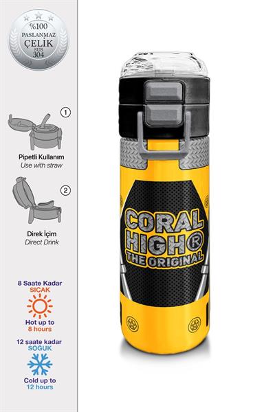 Coral High Erkek Çocuk 500 ml Okul ve Günlük Paslanmaz Çelik Termos - Sarı Siyah Robot Desenli - Sızdırmaz 31862