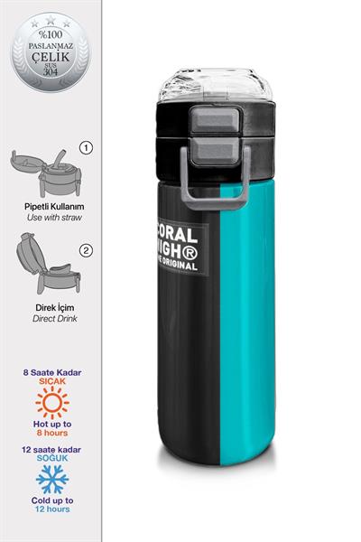 Coral High Erkek Çocuk 500 ml Okul ve Günlük Paslanmaz Çelik Termos - Siyah Yeşil Çizgili Desenli  - Sızdırmaz 31896