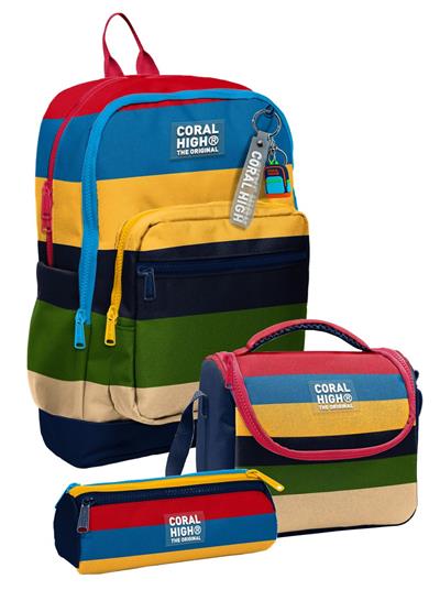 Coral High Erkek Çocuk Çok Renkli Çizgi Desenli Üçlü İlkokul Okul Çanta Seti SETYGN33212A