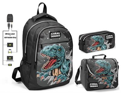 Coral High Erkek Çocuk Dinazor Desenli 3lü Çanta Takımı - USB Soketli