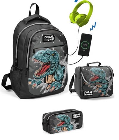 Coral High Erkek Çocuk Dinazor Desenli 3lü Çanta Takımı - USB Soketli