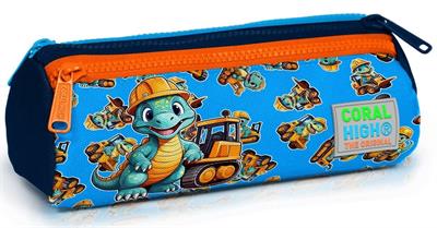 Coral High Erkek Çocuk Dinazor ve İş Makinesi Baskılı Mavi/Turuncu Kalem Çantası - Üç Bölmeli 22149