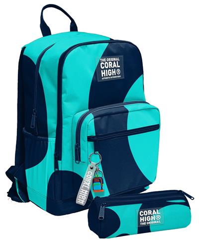 Coral High Erkek Çocuk Dört Gözlü Okul Sırt Çantası ve  Kalemlik Seti - Lacivert Turkuaz Renkli Çizgili - İlkokul ve Ortaokul İçin Uygun