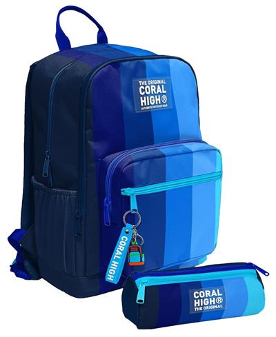 Coral High Erkek Çocuk Dört Gözlü Okul Sırt Çantası ve  Kalemlik Seti - Lacivert Mavi Renk Geçişli Çizgili - İlkokul ve Ortaokul İçin Uygun