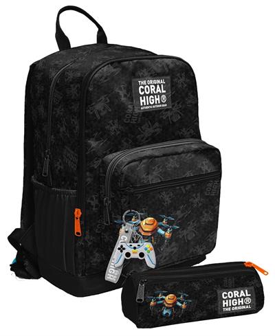 Coral High Erkek Çocuk Dört Gözlü Okul Sırt Çantası ve  Kalemlik Seti - Drone Pilotu Siyah - İlkokul ve Ortaokul İçin Uygun