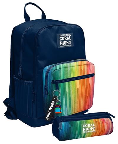 Coral High Erkek Çocuk Dört Gözlü Okul Sırt Çantası ve  Kalemlik Seti - Lacivert Çok Renkli Çizgi Desenli - İlkokul ve Ortaokul İçin Uygun