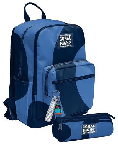 Coral High Erkek Çocuk Dört Gözlü Okul Sırt Çantası ve  Kalemlik Seti - Lacivert Mavi Renkli Çizgili - İlkokul ve Ortaokul İçin Uygun