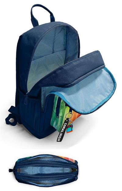 Coral High Erkek Çocuk Dört Gözlü Okul Sırt Çantası ve  Kalemlik Seti - Lacivert Çok Renkli Çizgi Desenli - İlkokul ve Ortaokul İçin Uygun