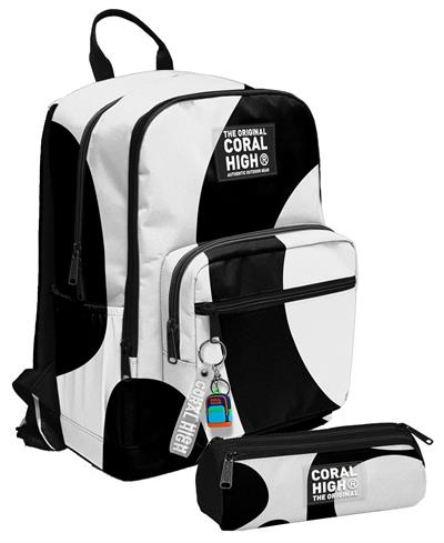 Coral High Erkek Çocuk Dört Gözlü Okul Sırt Çantası ve  Kalemlik Seti - Renkli Çizgili Siyah Beyaz - İlkokul ve Ortaokul İçin Uygun