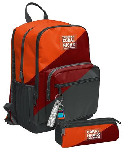 Coral High Erkek Çocuk Dört Gözlü Okul Sırt Çantası ve  Kalemlik Seti - Turuncu Bordo Gri Renkli - İlkokul ve Ortaokul İçin Uygun